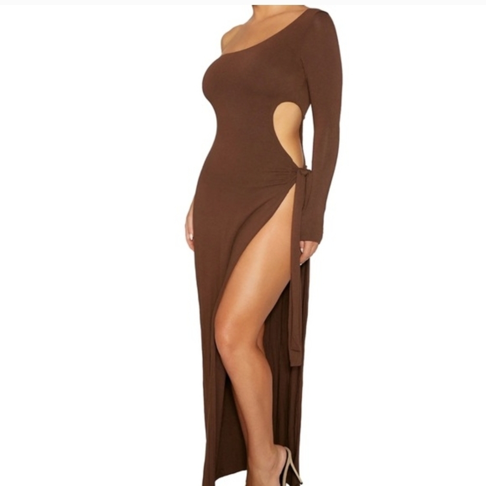 Naked Wardrobe One-Shoulder Side Cutout & Slit Maxi Dress